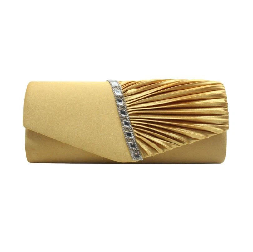 Women Satin Pleated Diamante Evening Clutch Bag Wedding Bridal Party Chain Bags 8 Colour
