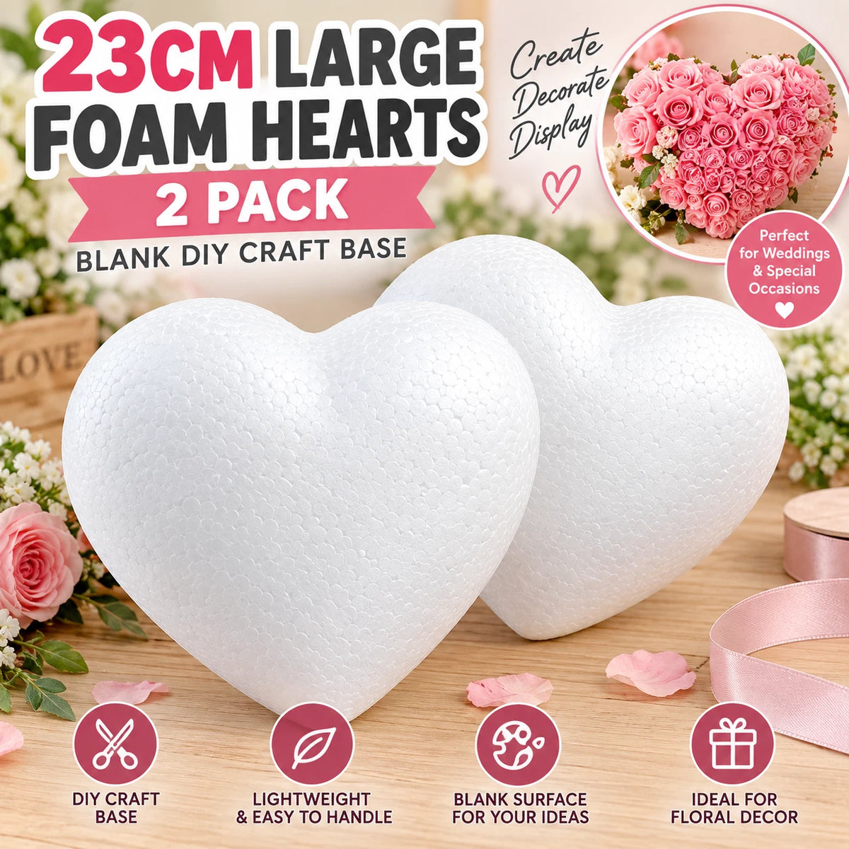 2 Pack 23cm Large Foam Heart Polystyrene Blank DIY Craft Wedding Floral Decor Base