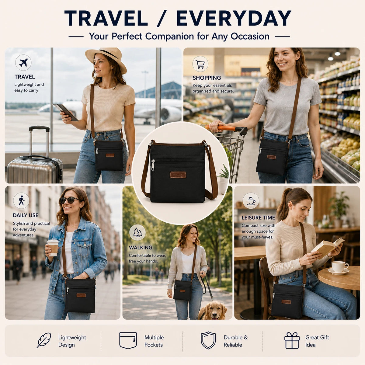 Women Lightweight Nylon Crossbody Bag Waterproof Travel Strap Shoulder Satchel
