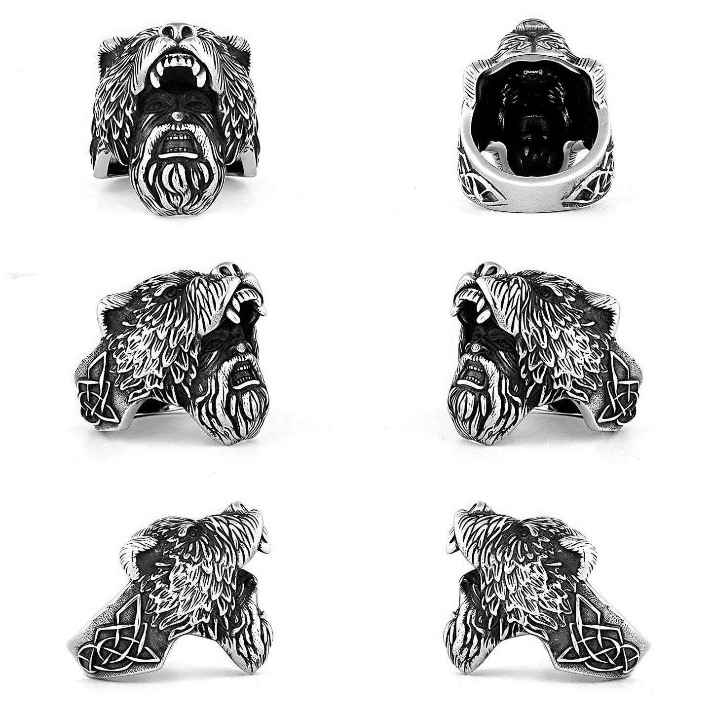 Men's Premium Norse Viking Ring Bear Head & Warrior Gothic Punk Style Biker Band # R96
