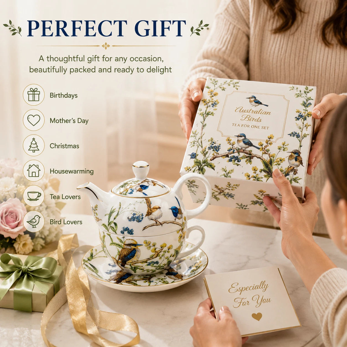 Australian Bird Tea For One Set Teapot Cup Fine Porcelain China Gift Afternoon