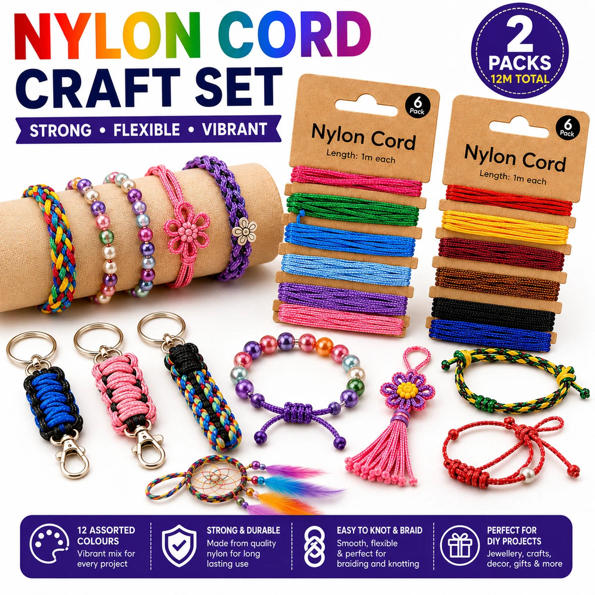 2 PACK Nylon Cord Assorted Colours Craft String Jewellery Braiding DIY 6 x 1M