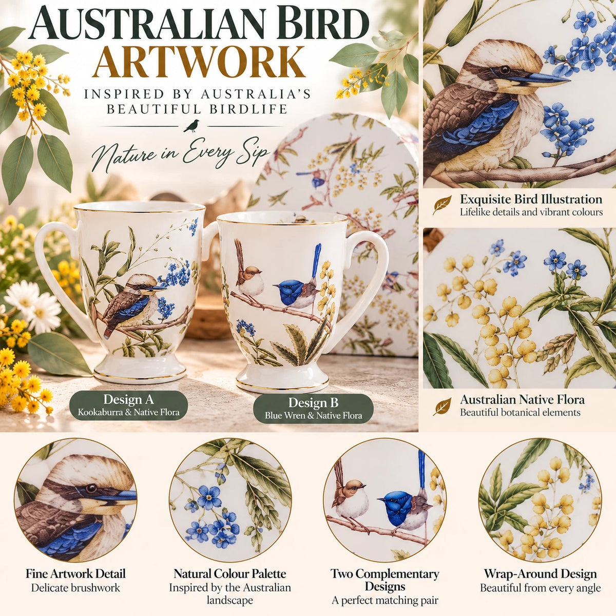 Set of 2 280cc Coffee Mug Fine Porcelain China Australian Bird Heart Gift Box