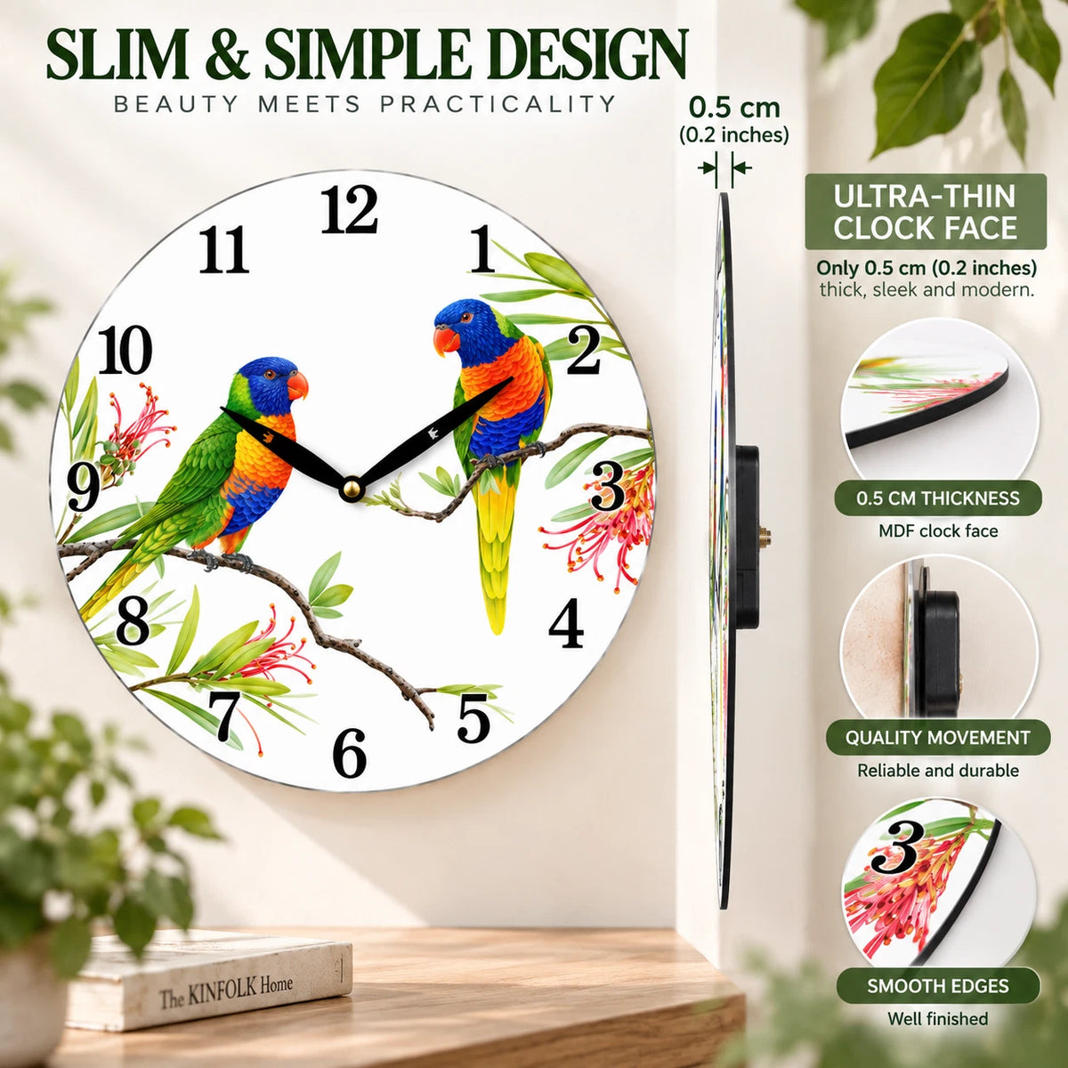 28.8cm Wall Clock Australian Birds Animal Wildlife MDF Round Home Decor