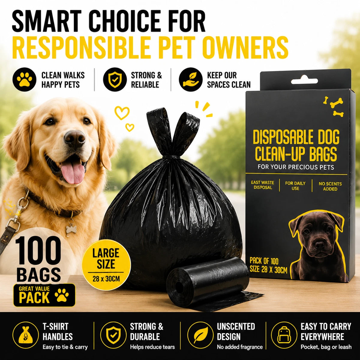 100x Dog Poop Bags Disposable Waste Bags Large 28x30cm T-Shirt Clean Up Black