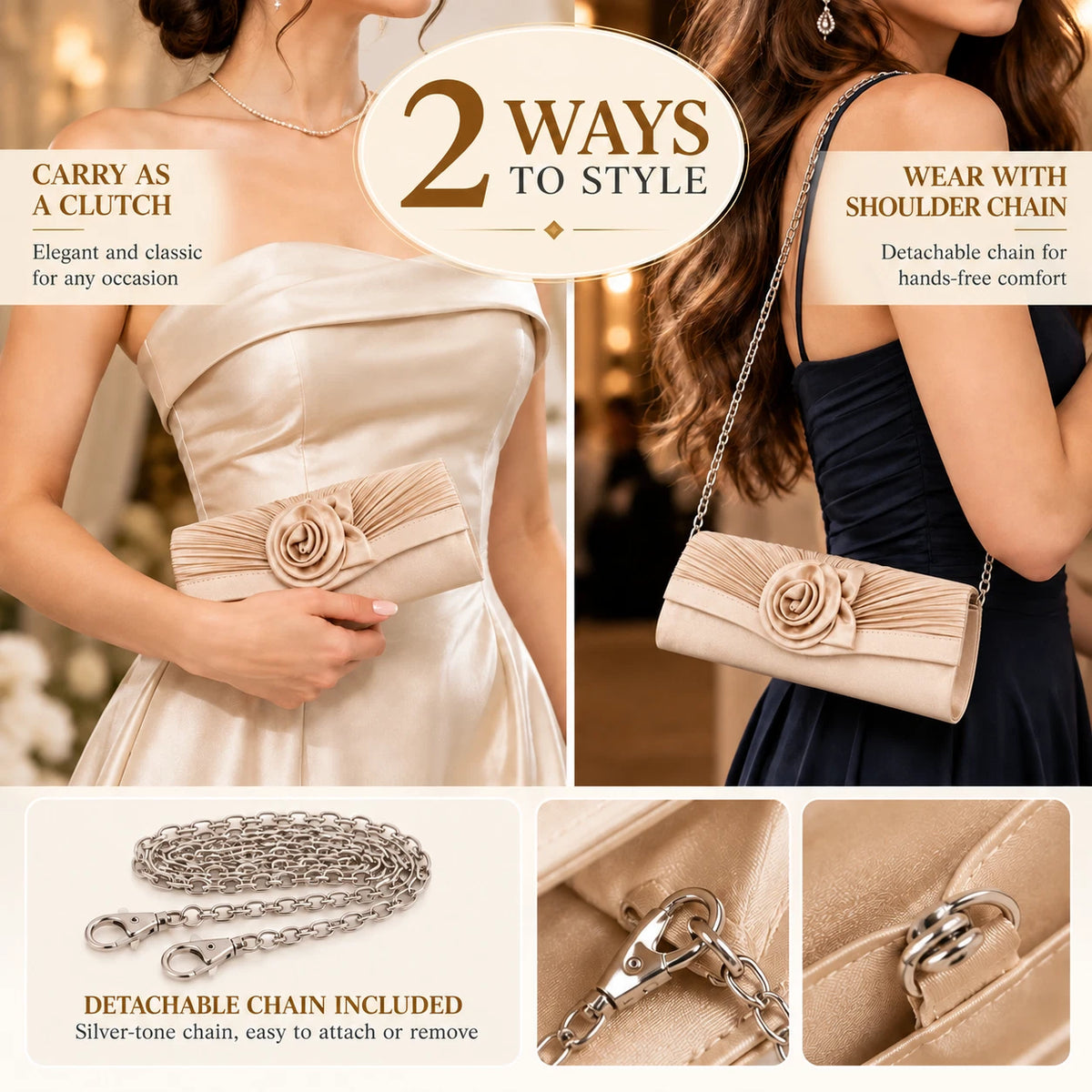 Women Satin Flower Evening Clutch Bag Wedding Party Prom Bridal Shoulder Handbag 15 Colour
