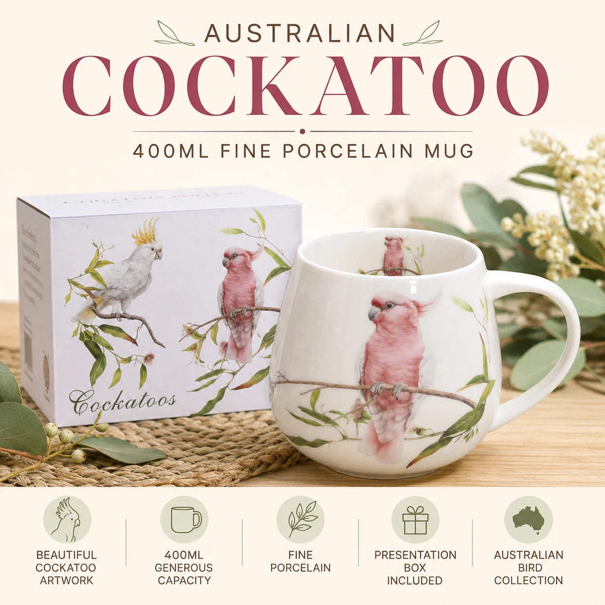 1-6x Australia Bird 400cc Fine Porcelain Coffee Mug Cockatoo Pink Yellow Tea Cup Gift