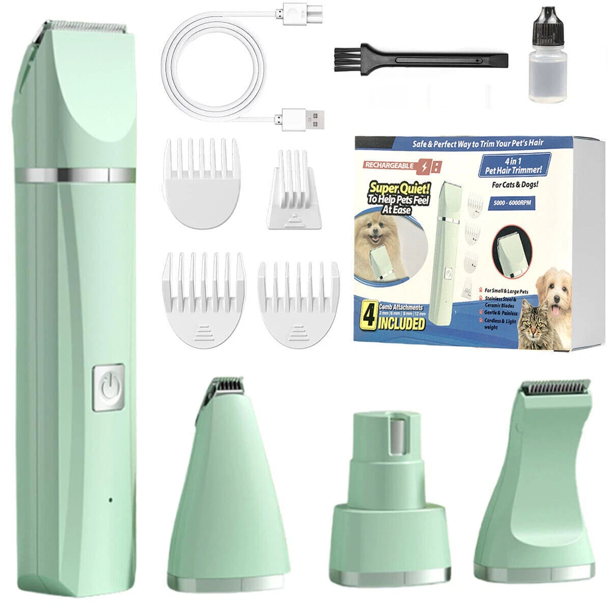 4 in 1 Pet Grooming Clipper Kit Dog Cat Hair Trimmer Nail Grinder Low-noise USB
