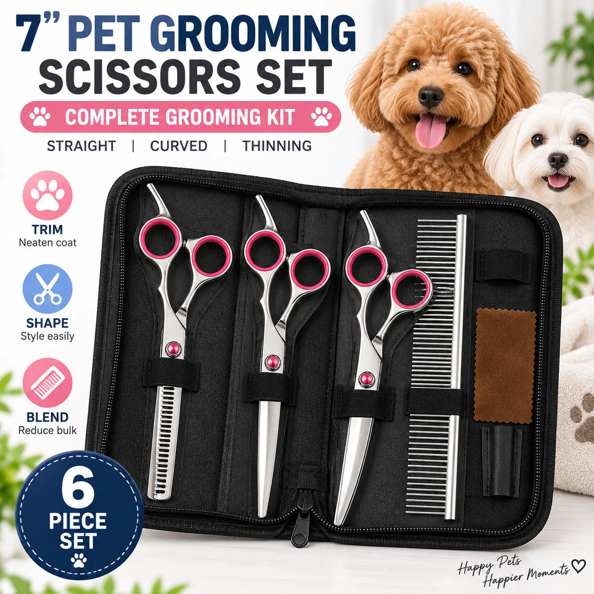 7" Dog Grooming Scissors Set Straight Curved Thinning Shears Stainless Steel