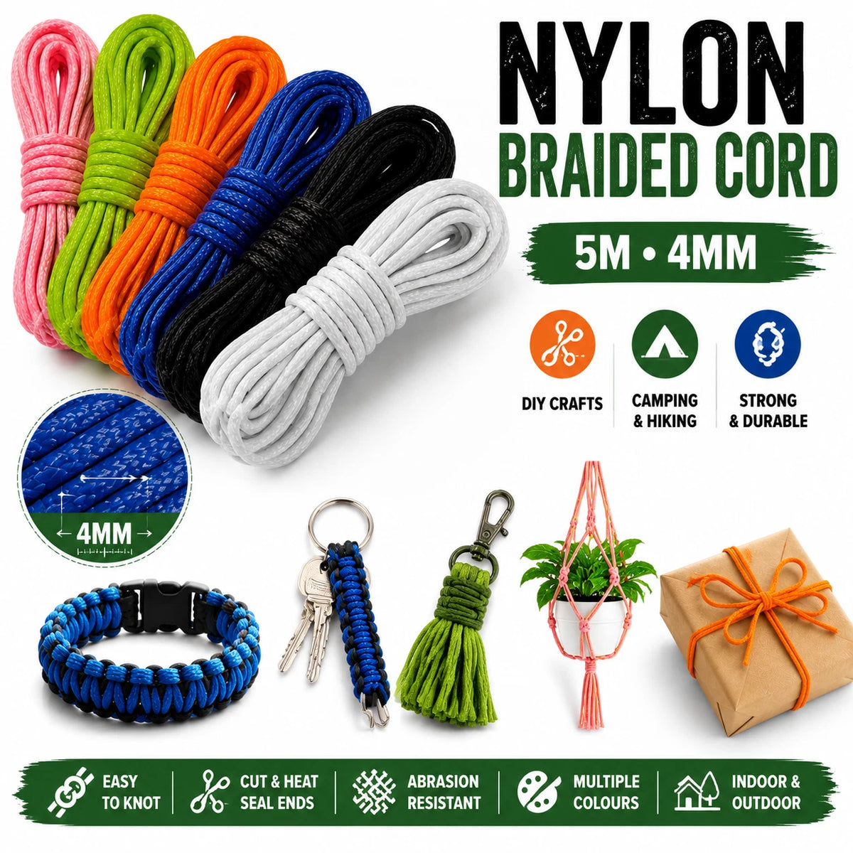 6 Pack 5M 4MM Nylon Braided Cord Rope Craft Camping Hiking DIY Macrame Binding 6 Color