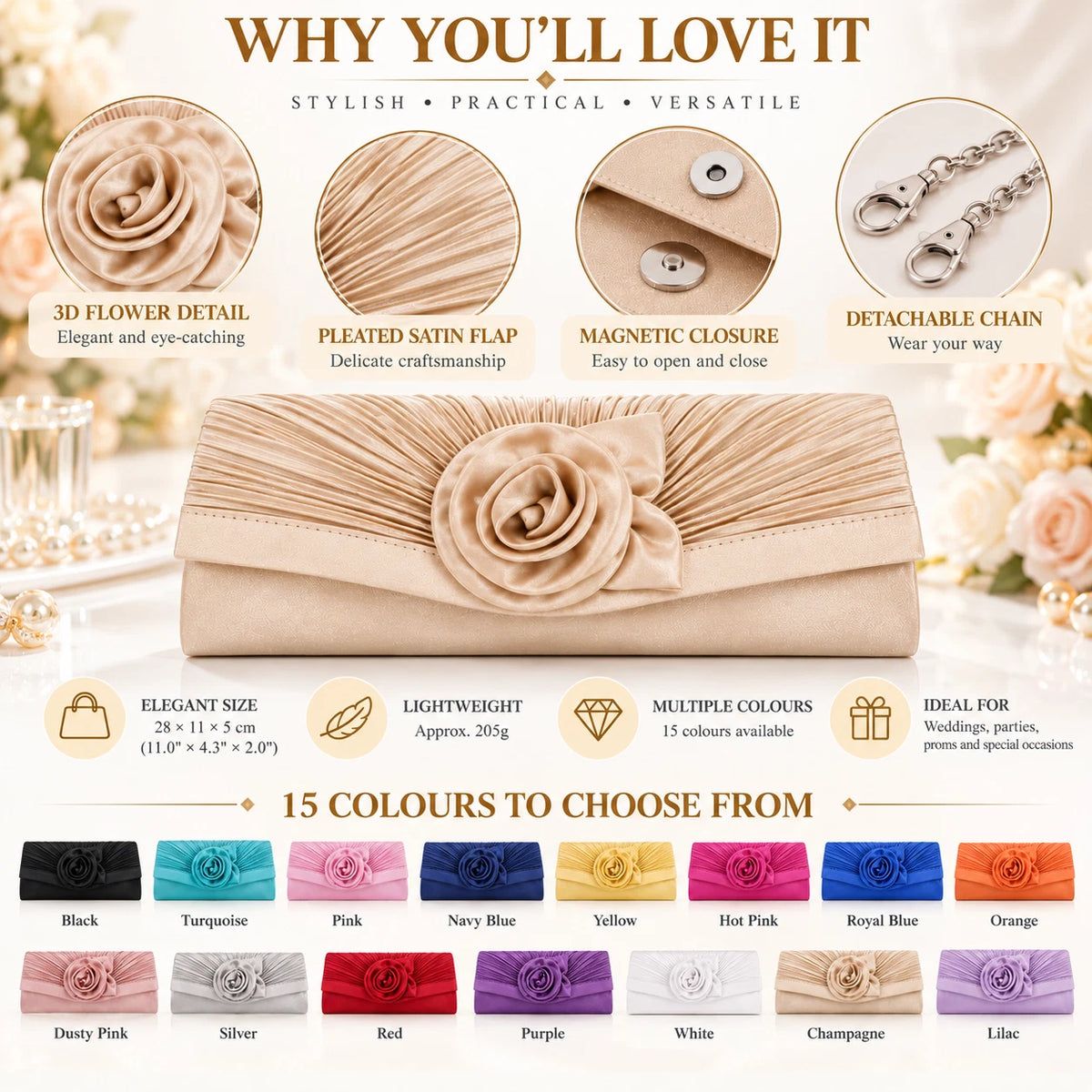 Women Satin Flower Evening Clutch Bag Wedding Party Prom Bridal Shoulder Handbag 15 Colour