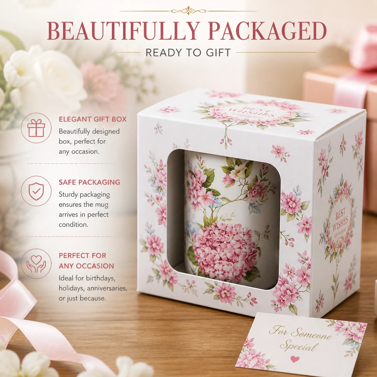 1-6x 405ml Fine Porcelain Mug Pink Hydrangea Floral Tea Coffee Cup Gift Home Office