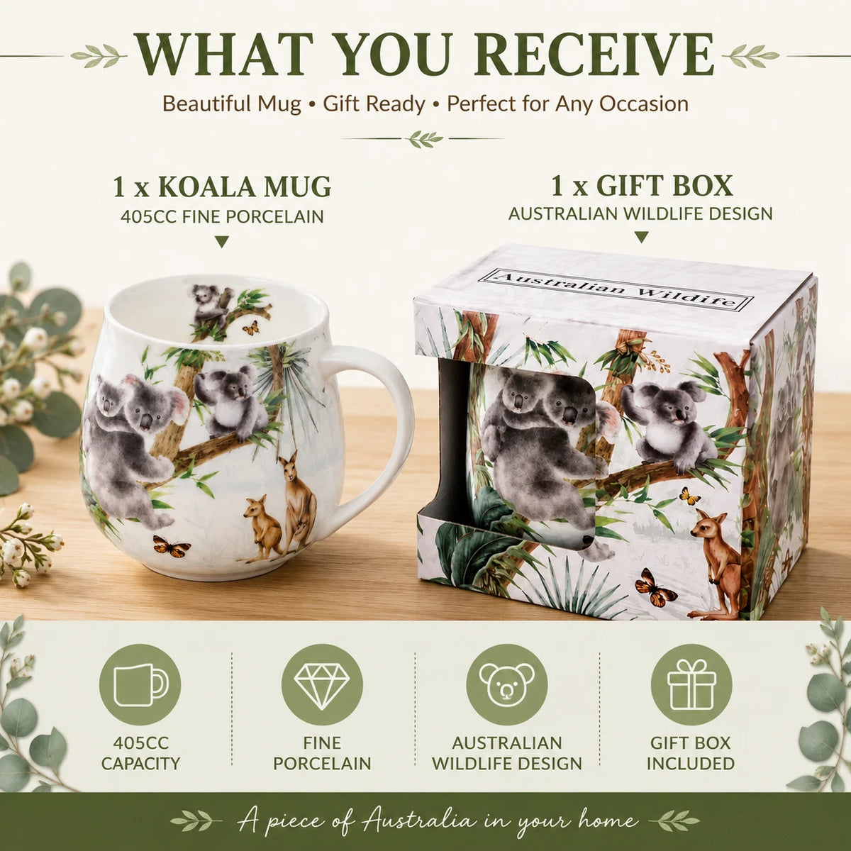 1-6x Australian Wildlife Koala Mug 400cc Fine Porcelain Coffee Tea Cup Gift Box