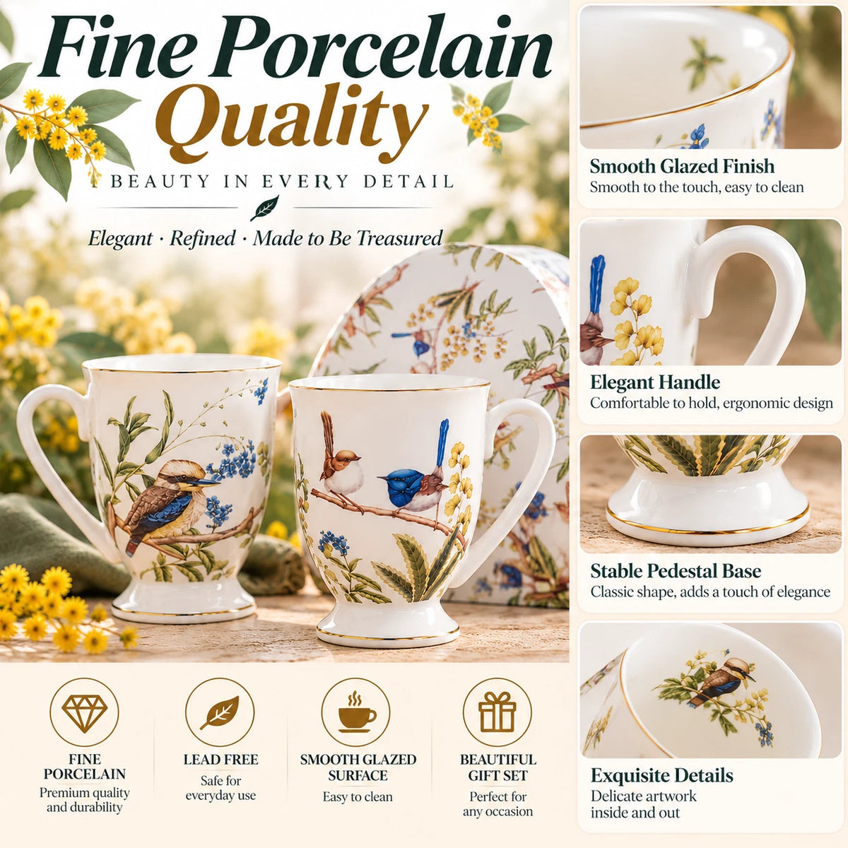 Set of 2 280cc Coffee Mug Fine Porcelain China Australian Bird Heart Gift Box