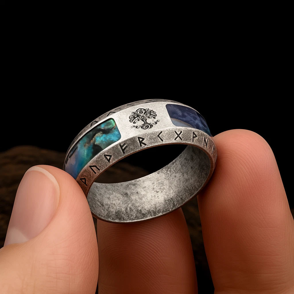 Men Viking Tree of Life Ring Abalone Nordic Engraved Rune Yggdrasil Symbol Band R351