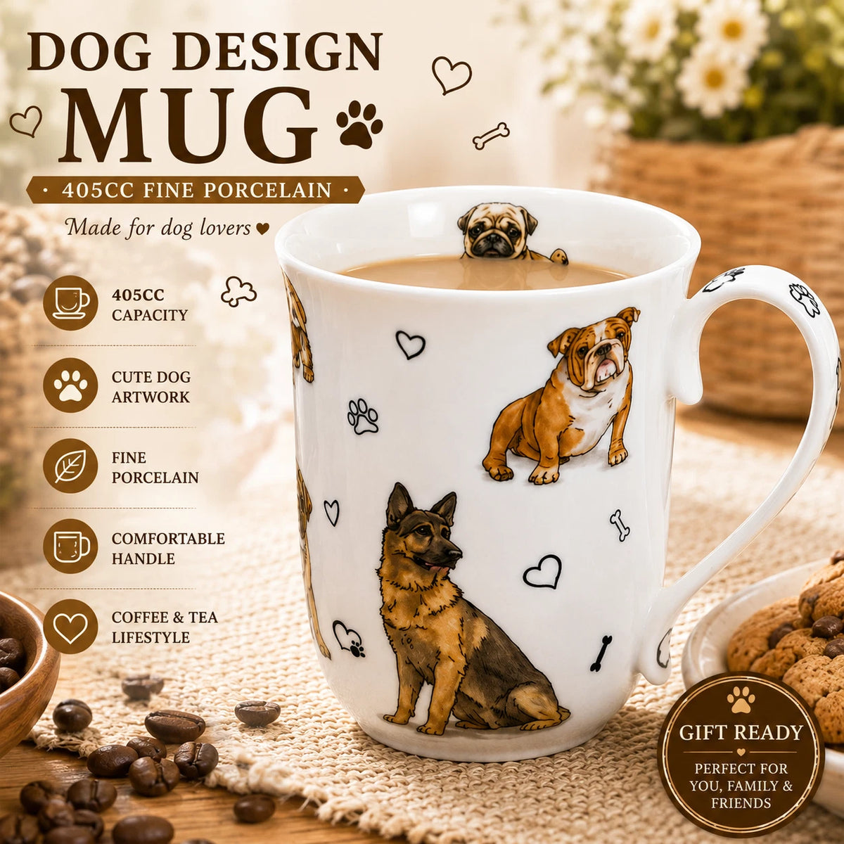 1-6x 405cc Cute Dog Fine Porcelain Mug Coffee Tea Cup Home Decor Gift Box