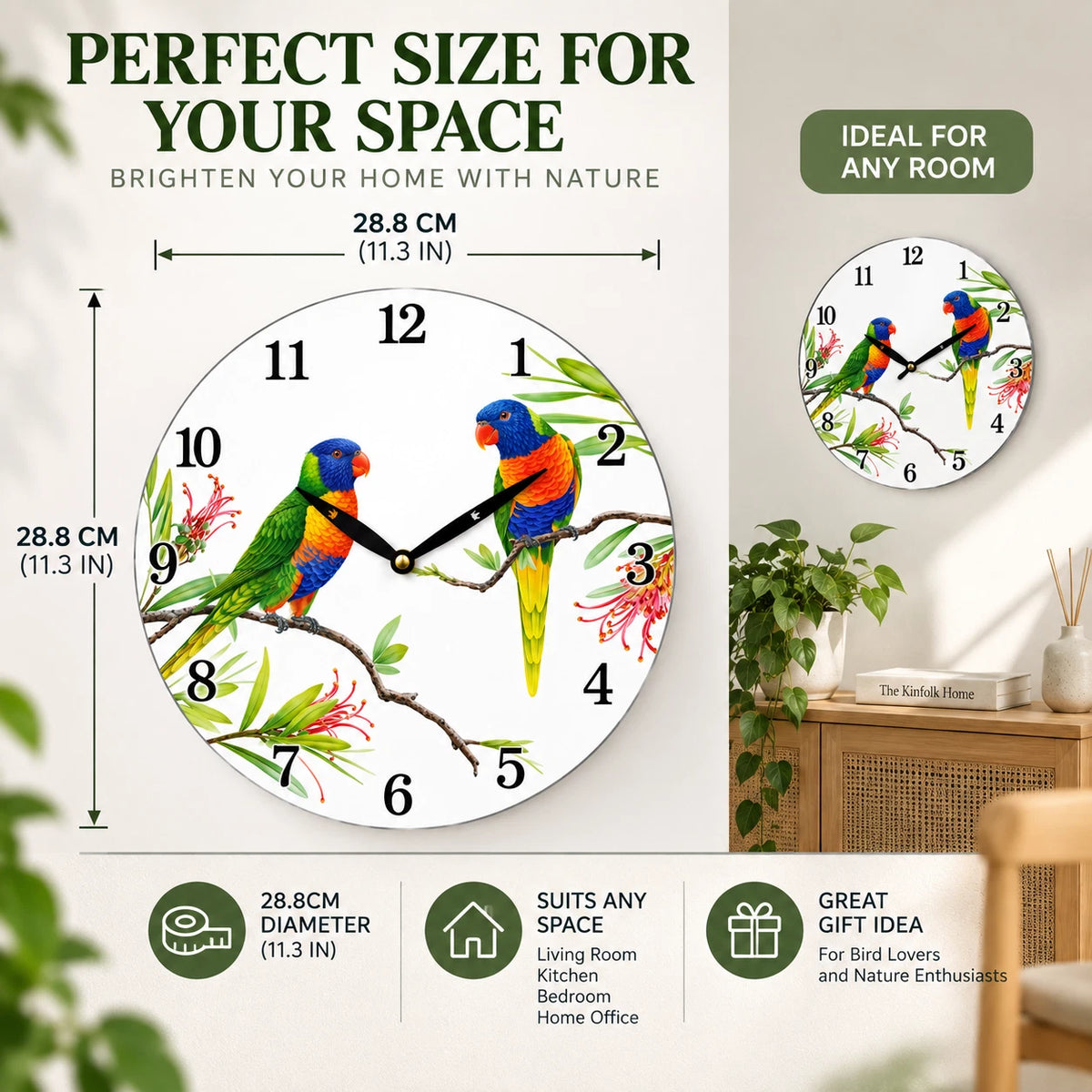 28.8cm Wall Clock Australian Birds Animal Wildlife MDF Round Home Decor