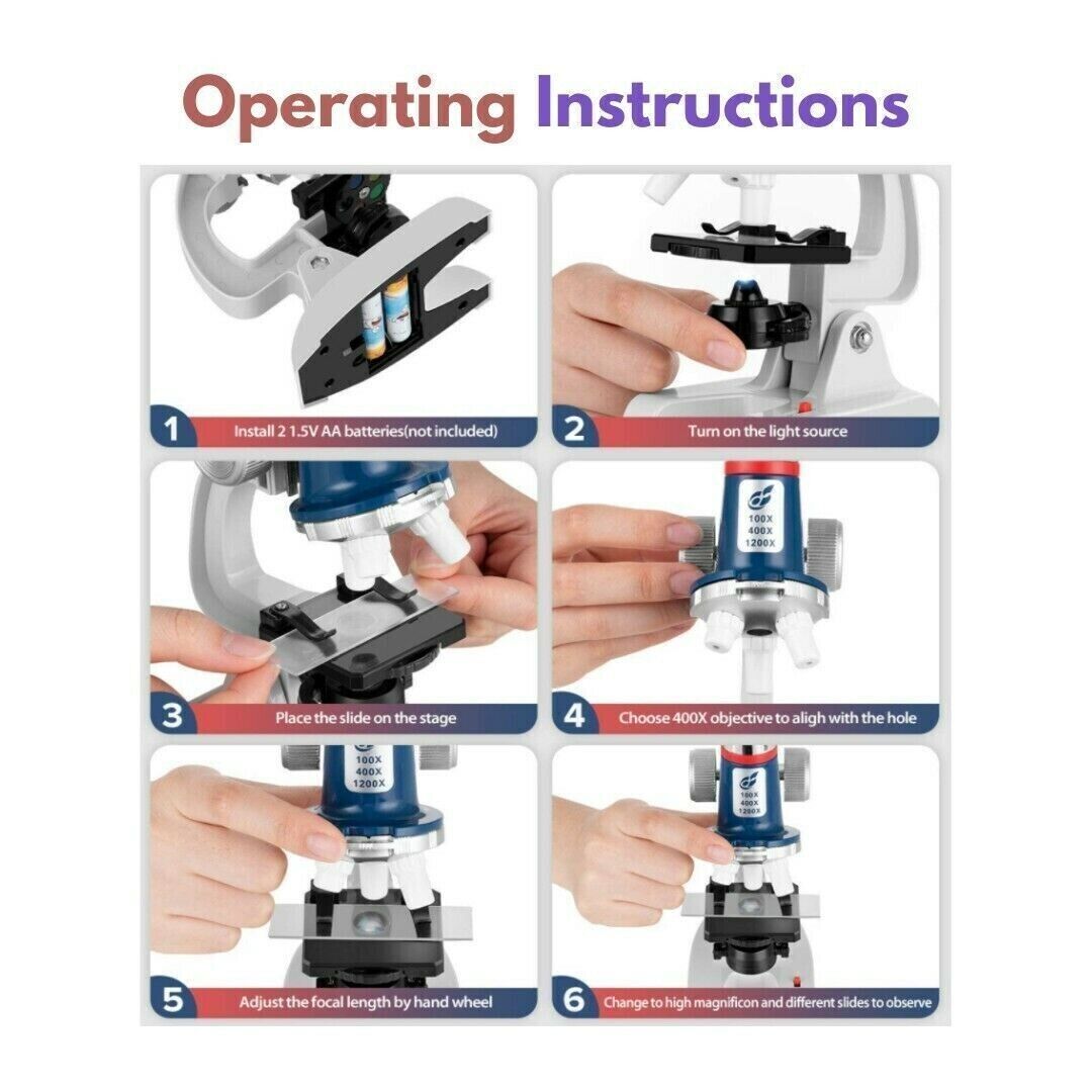 Kids Toys Beginner Alloy Microscope 1200X Microscope Science Kit Learning Gift