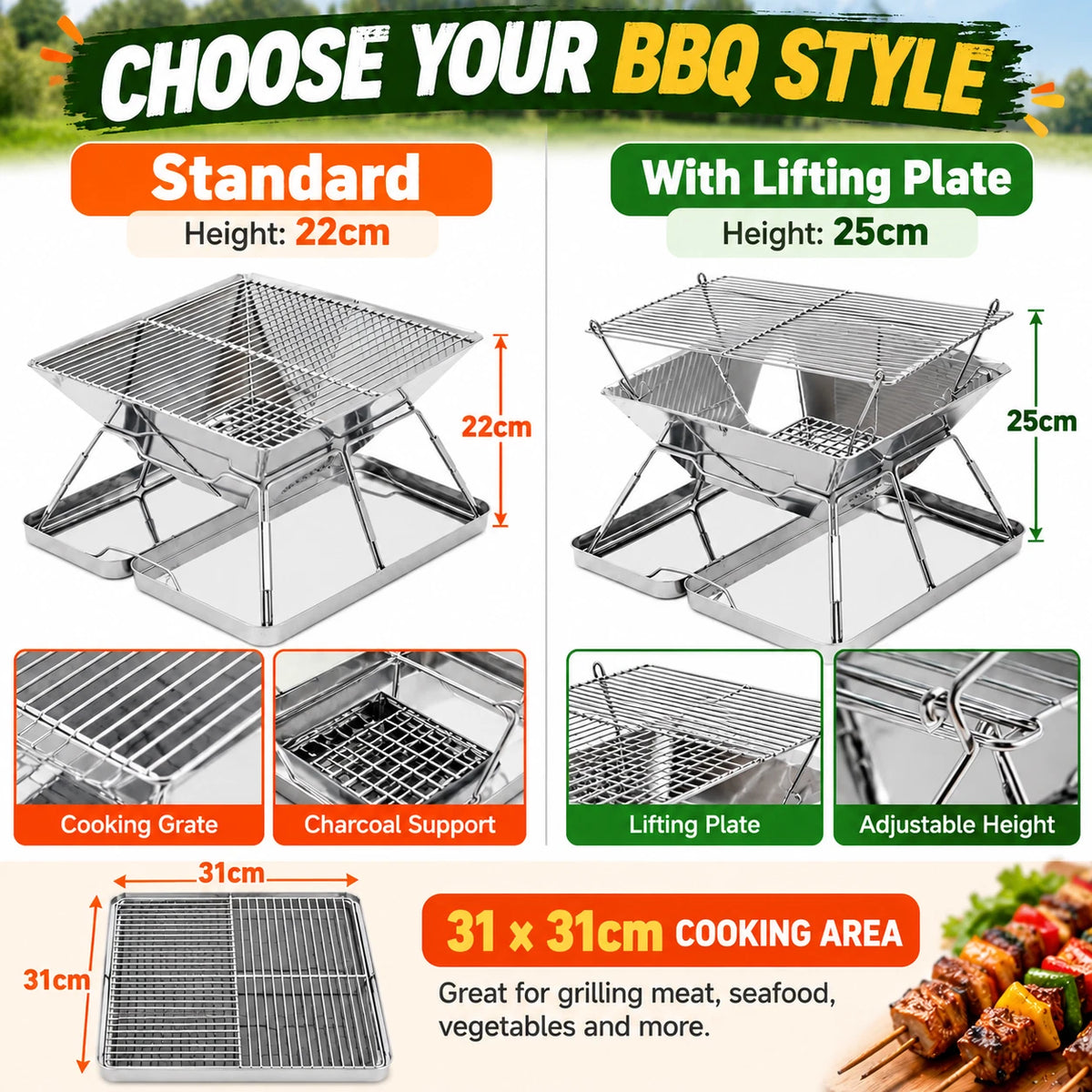Portable Folding Charcoal BBQ Grill Stainless Steel Camping Outdoor Barbecue Set