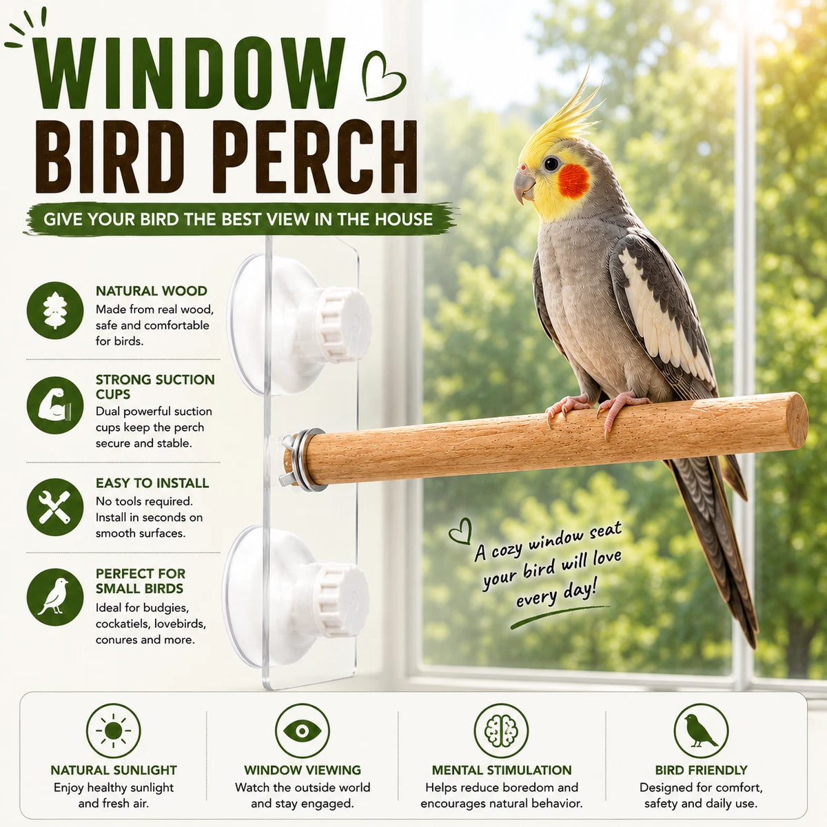 Natural Wood Bird Window Perch 25cm Suction Cup Seat Stand For Budgie Cockatiel