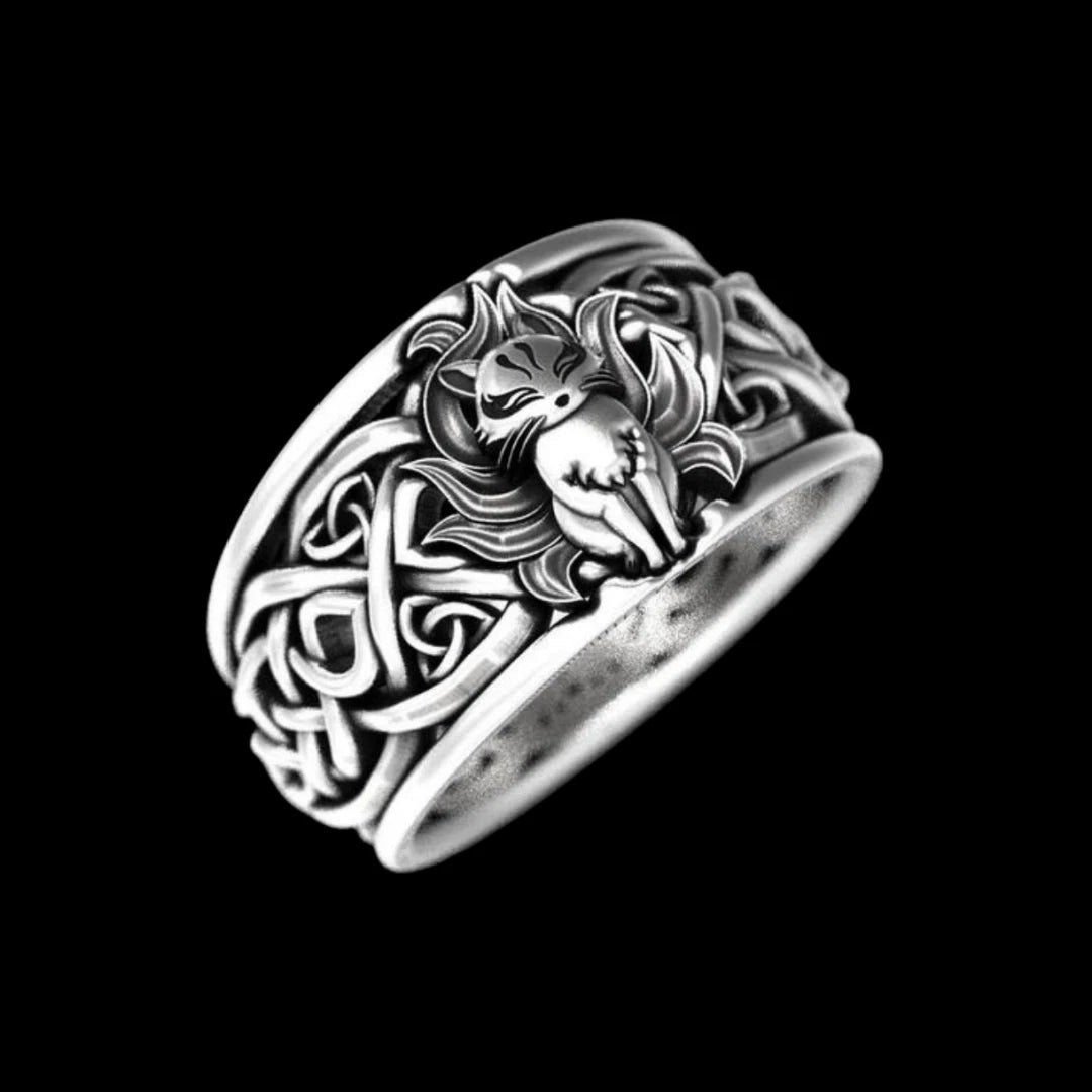 Men Nine-tailed Fox Ring Mythical Spirit Animal Jewelry Celtic Knot Wide Band # R256