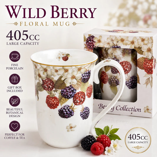 1-6x Wild Berry Floral Fine Porcelain Mug 405cc Coffee Flowers Tea Cup Gift