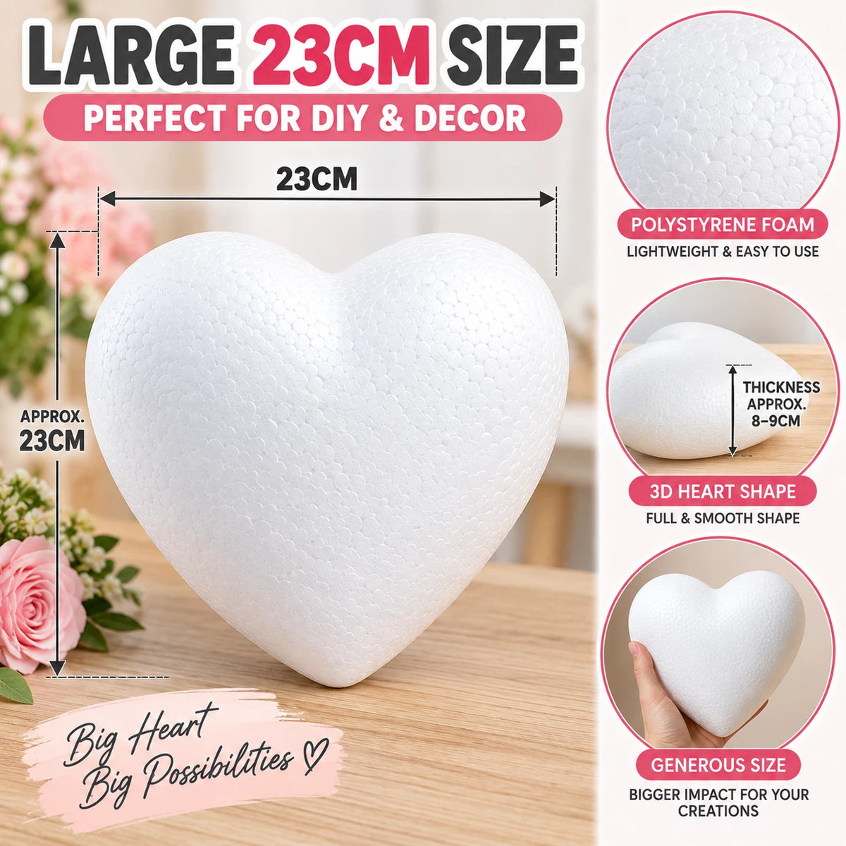 2 Pack 23cm Large Foam Heart Polystyrene Blank DIY Craft Wedding Floral Decor Base