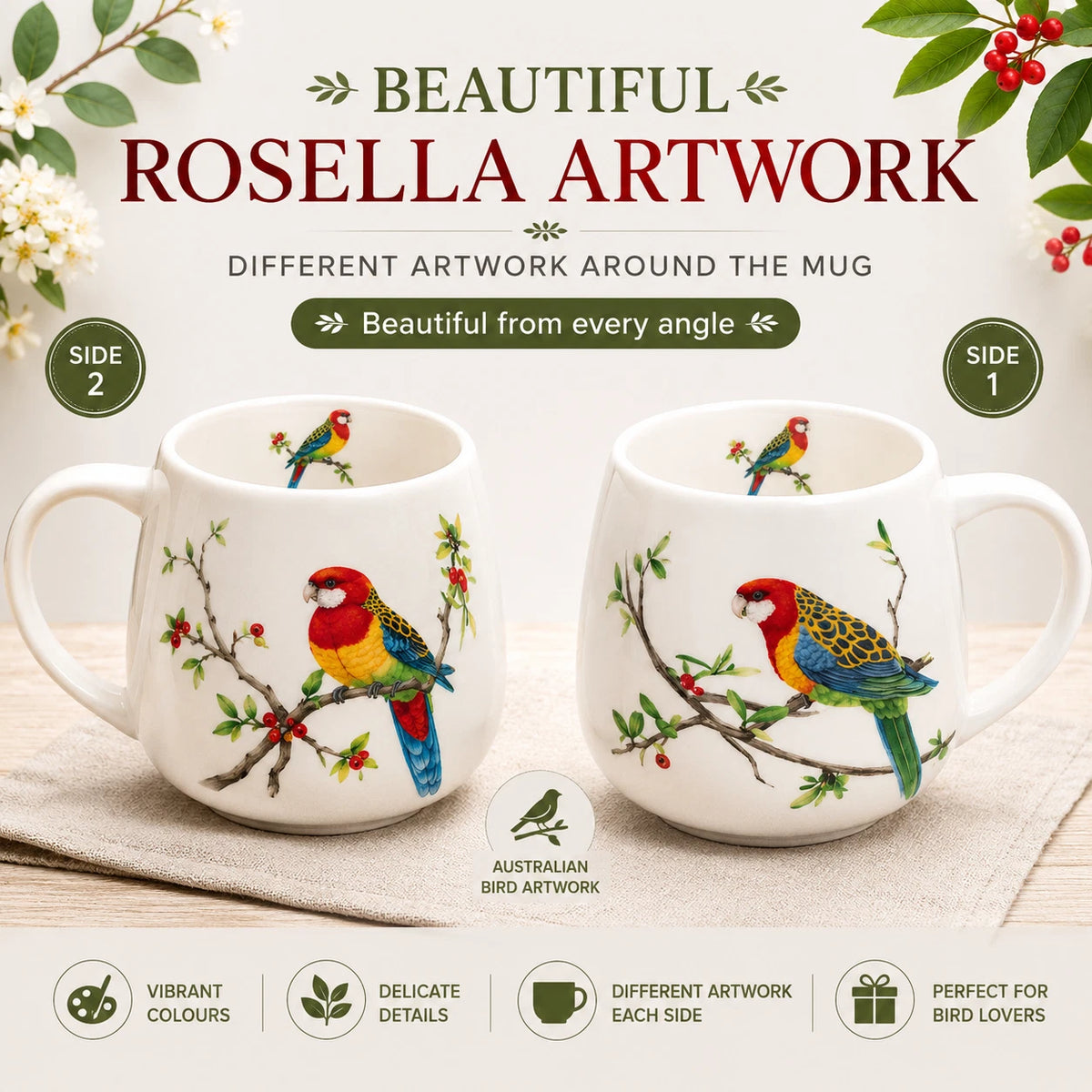 1-6X 400ml Rosella Australian Bird Fine Porcelain Coffee Tea Mug Cup Gift Boxed