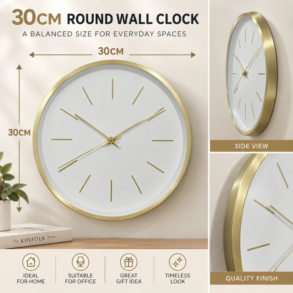 30cm Modern Wall Clock White Gold Minimalist Analogue Round Home Office Decor