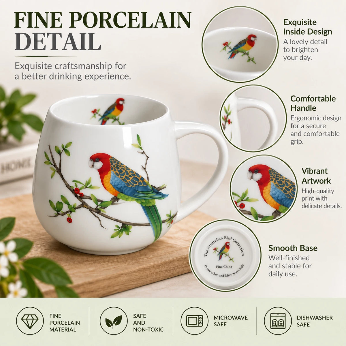 1-6X 400ml Rosella Australian Bird Fine Porcelain Coffee Tea Mug Cup Gift Boxed