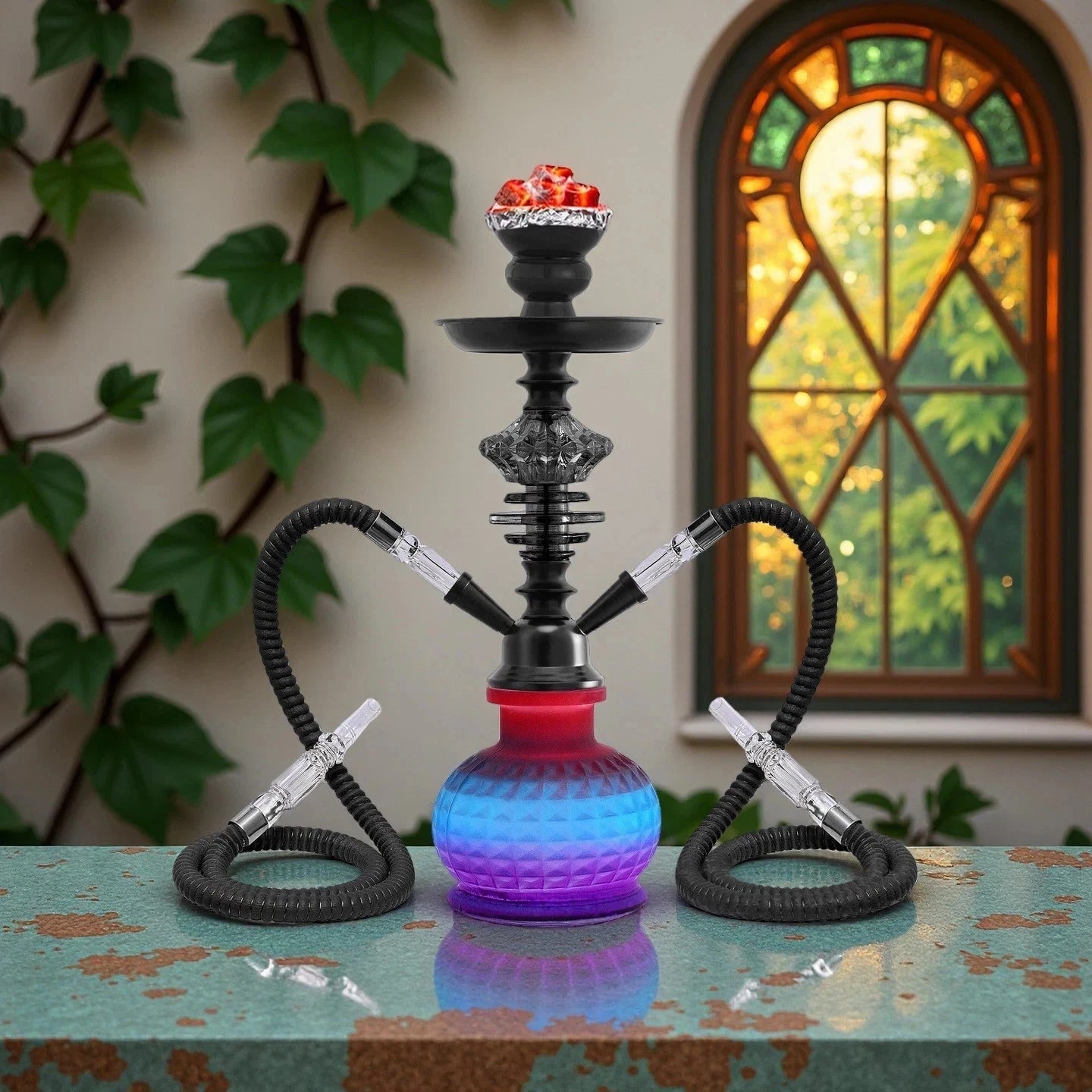 36cm 2 Hose Portable Black Gradient Blue Shisha Hookah Narguile Party Club Bar