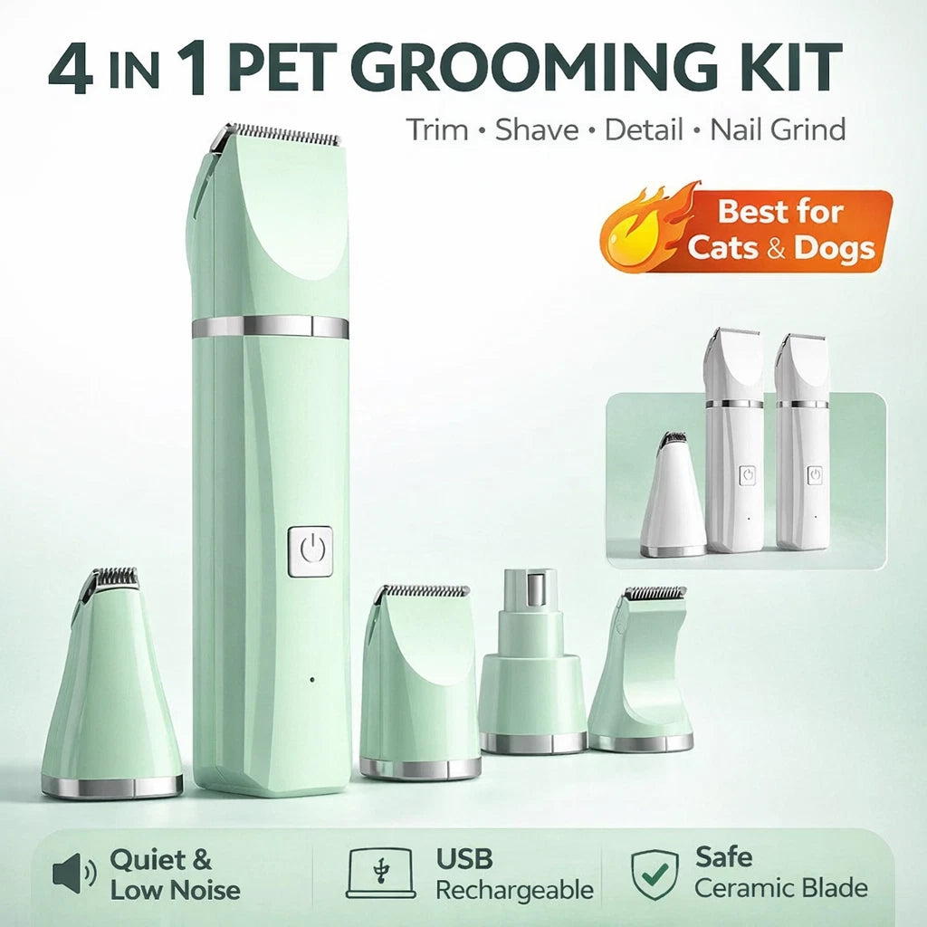 4 in 1 Pet Grooming Clipper Kit Dog Cat Hair Trimmer Nail Grinder Low-noise USB