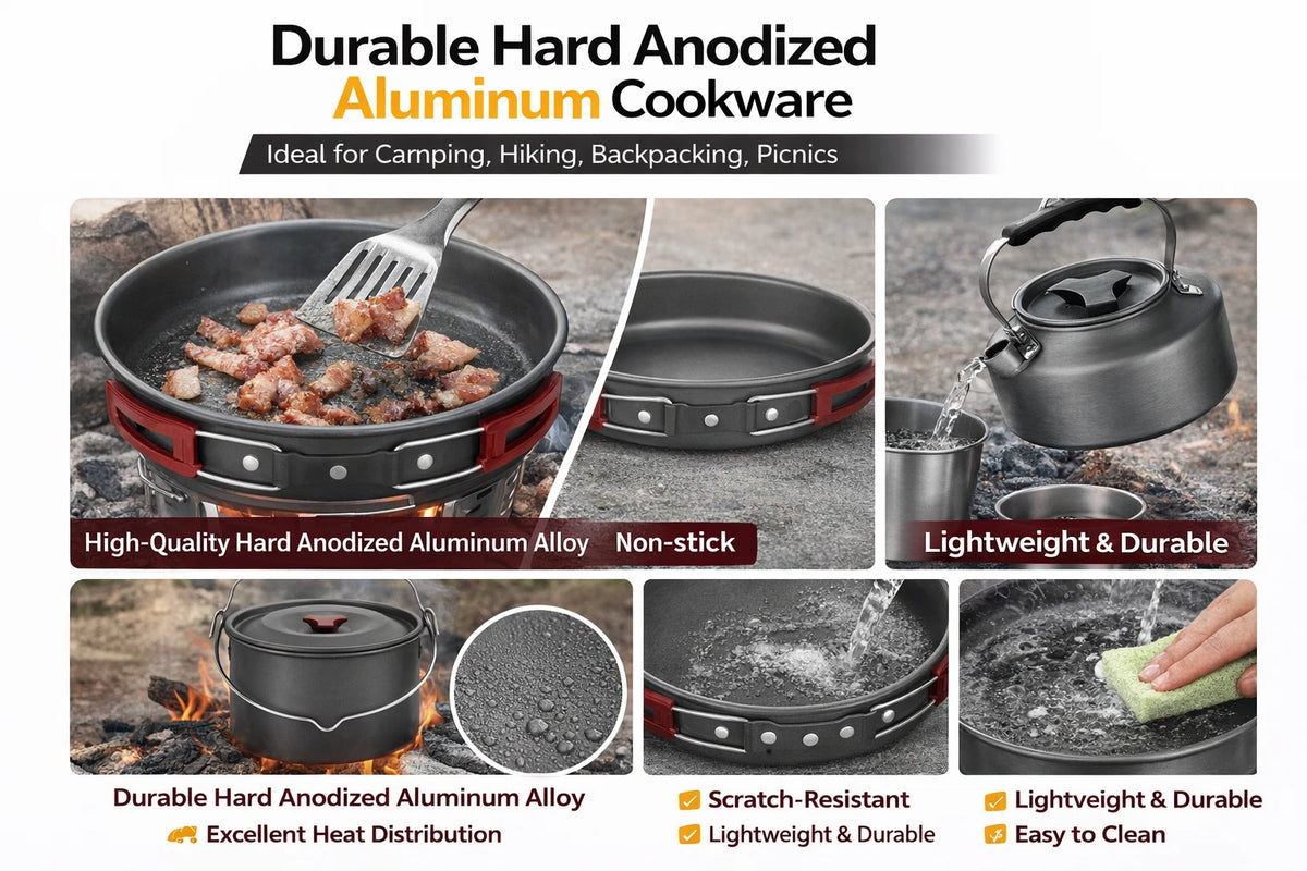 Camping Cookware Set 4 Person Outdoor Cooking Pot Pan Kettle Picnic Hiking Kit