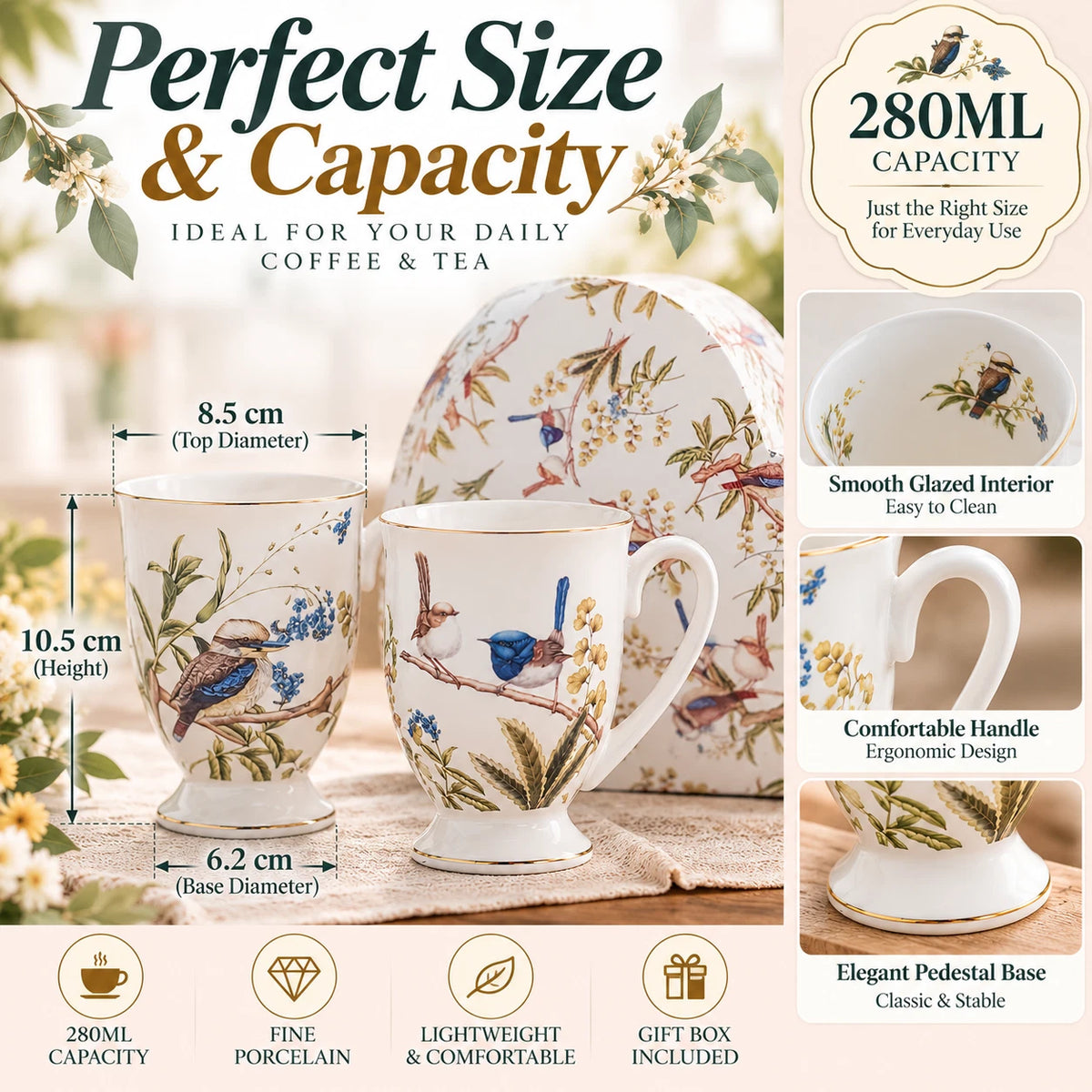 Set of 2 280cc Coffee Mug Fine Porcelain China Australian Bird Heart Gift Box