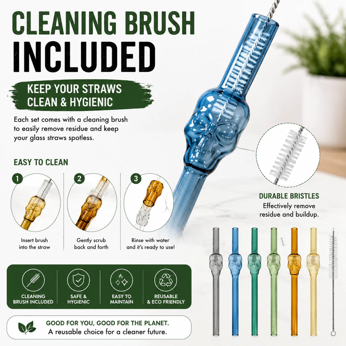 6PCS Skull Glass Drinking Straws 20cm Reusable Cocktail Barware Cleaning Brush