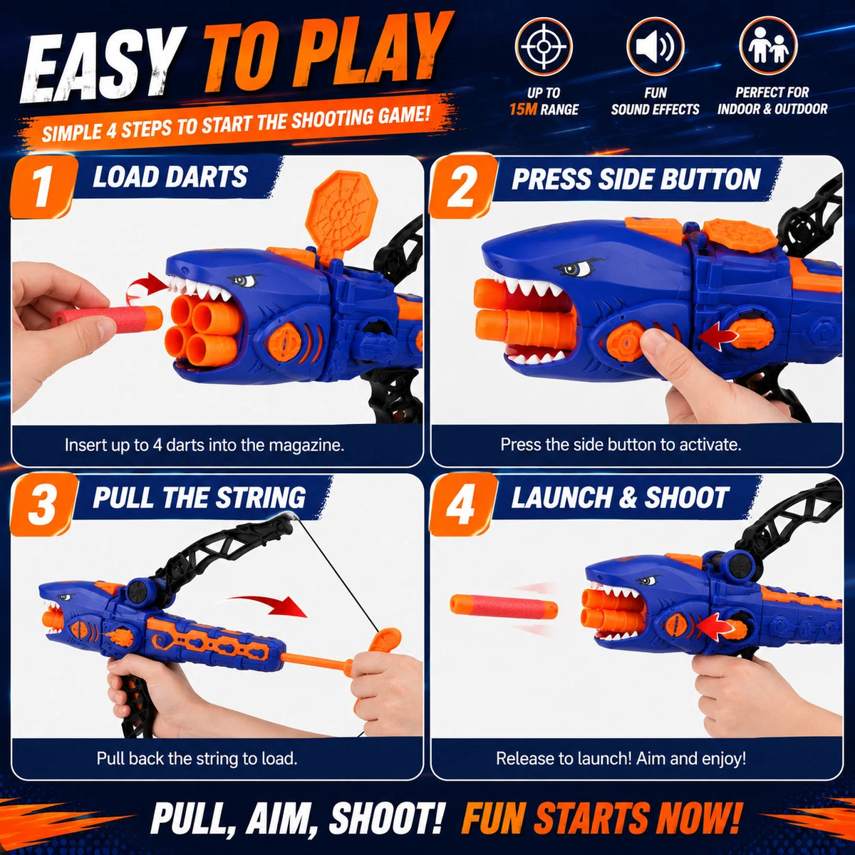 Shark Bow Foam Dart Toy EVA Soft Bullet Launcher 12 Darts Kids Target Game 6+