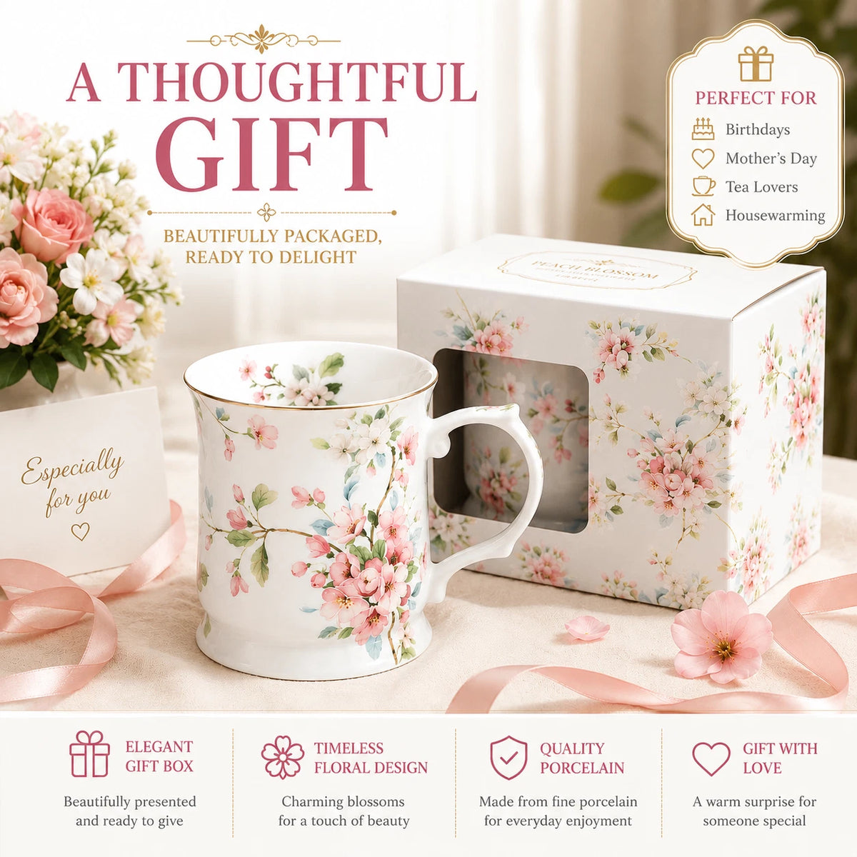 Peach Blossom White Fine Porcelain Mug 415ml Floral Coffee Tea Cup Gift Box 1-6X