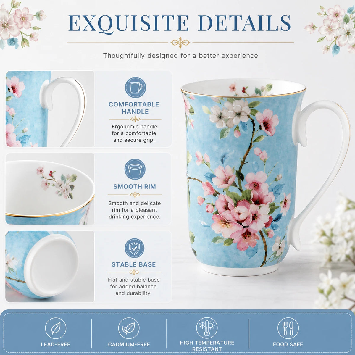 1-6x Blue Floral Porcelain Mug 405ml Vintage Peach Blossom Tea Coffee Cup Daily Gift