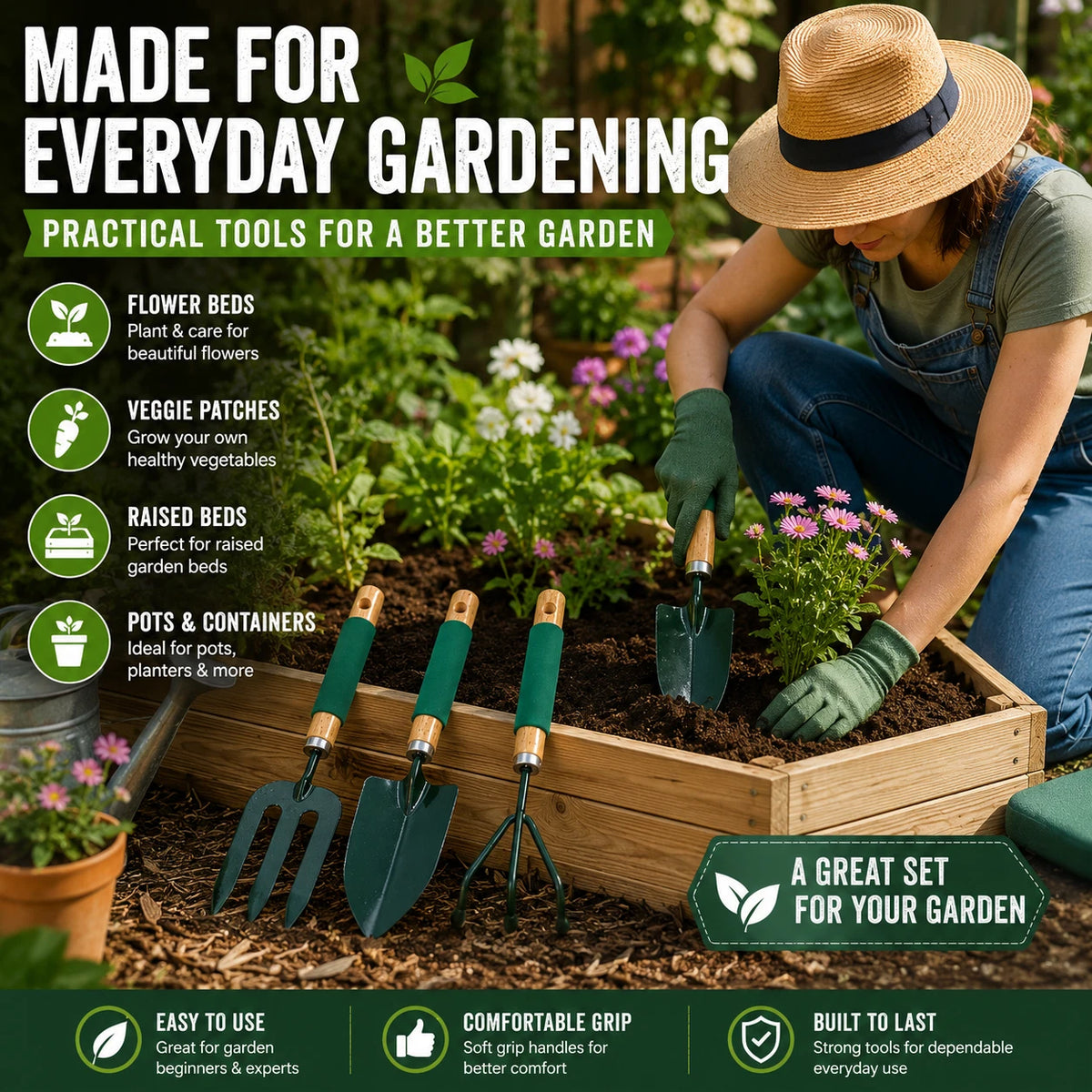 3 Pieces Garden Tool Set Hand Trowel Fork Cultivator Digging Planting Weeding