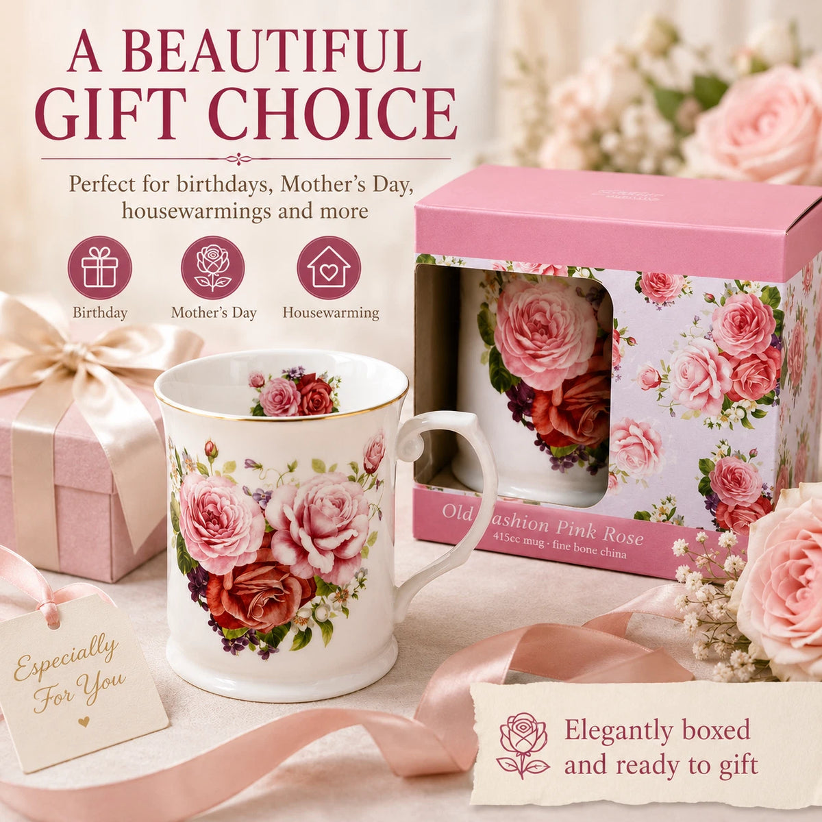 1-6x Vintage Pink Rose Mug 415ml Fine Porcelain Coffee Tea Cup Floral Gift