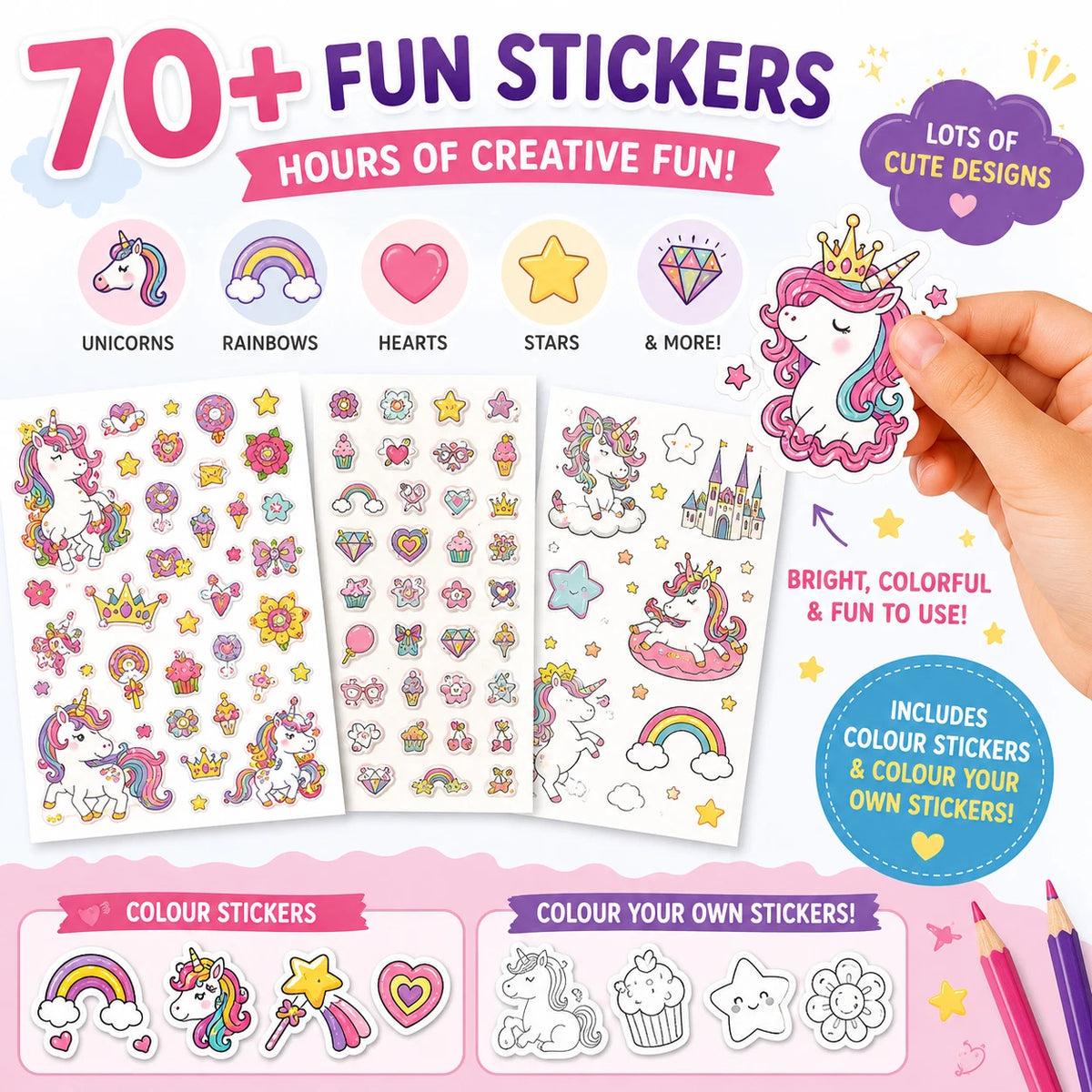 2x Creative Unicorn Colouring & Stickers Activity Book Kids Spiral Bound Craft Fun Pink & Blue Mixed Set
