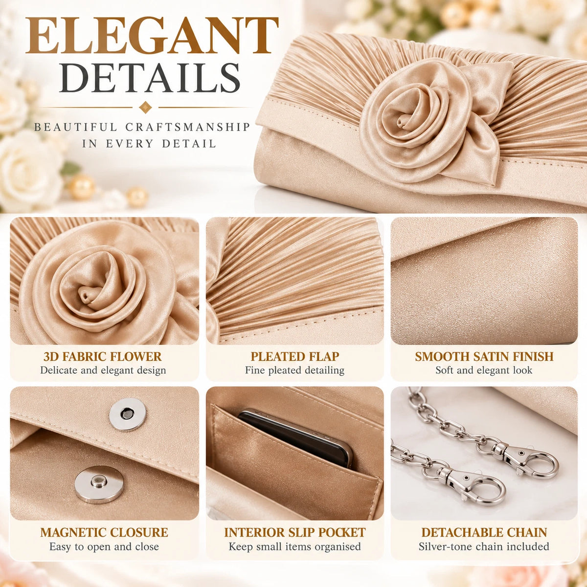 Women Satin Flower Evening Clutch Bag Wedding Party Prom Bridal Shoulder Handbag 15 Colour