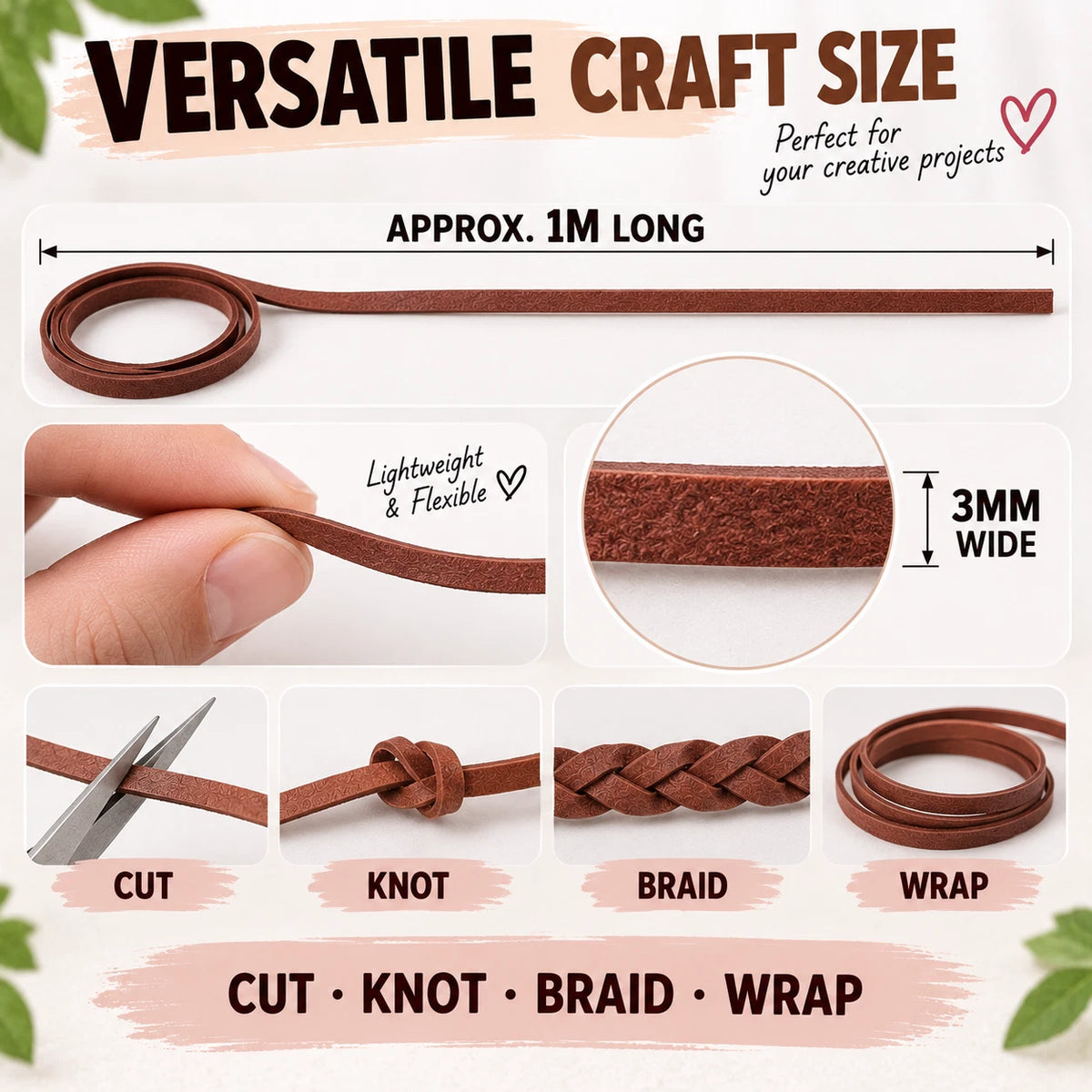 PU Faux Leather Cord Strips 1M x 3mm Jewellery Making DIY Craft 4 Pack