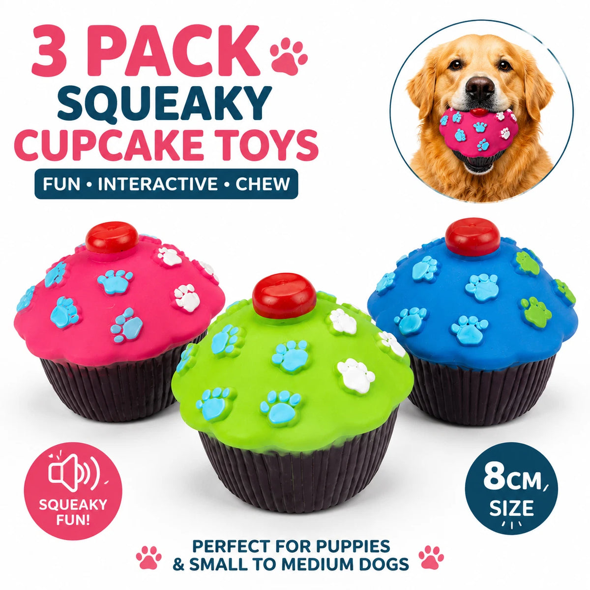 3PCS Dog Squeaky Cupcake Toys Vinyl Chew Puppy Interactive Dental Play ...