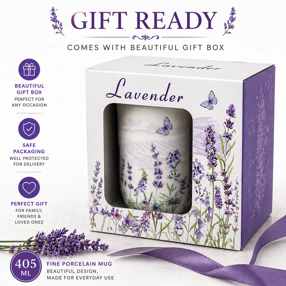 1-6x Lavender Floral Mug 405ml Fine Porcelain Tea Coffee Cup Mother's Day Gift
