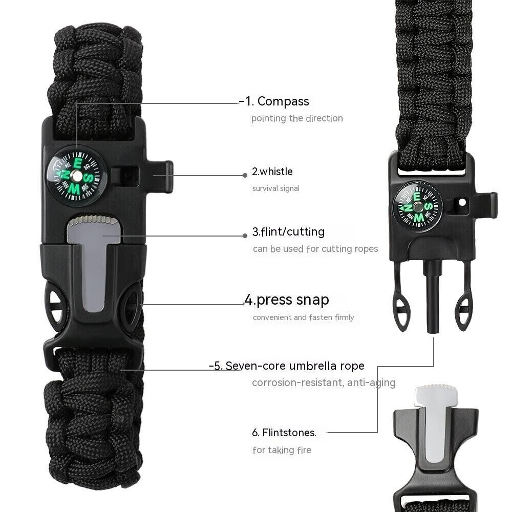 5 in 1 Multifunction Survival Bracelet Umbrella Rope Braided Whistle Flintstone