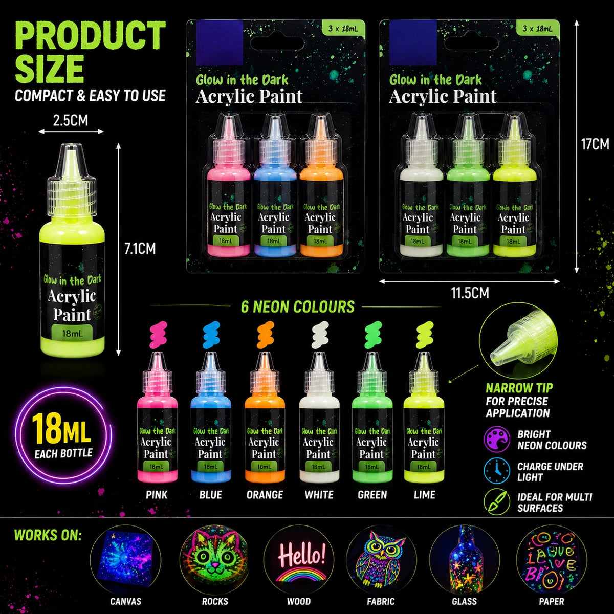 Glow in the Dark Acrylic Paint 2 pack 3 Bottle Set 18ML UV Reactive Neon DIY Craft Arts