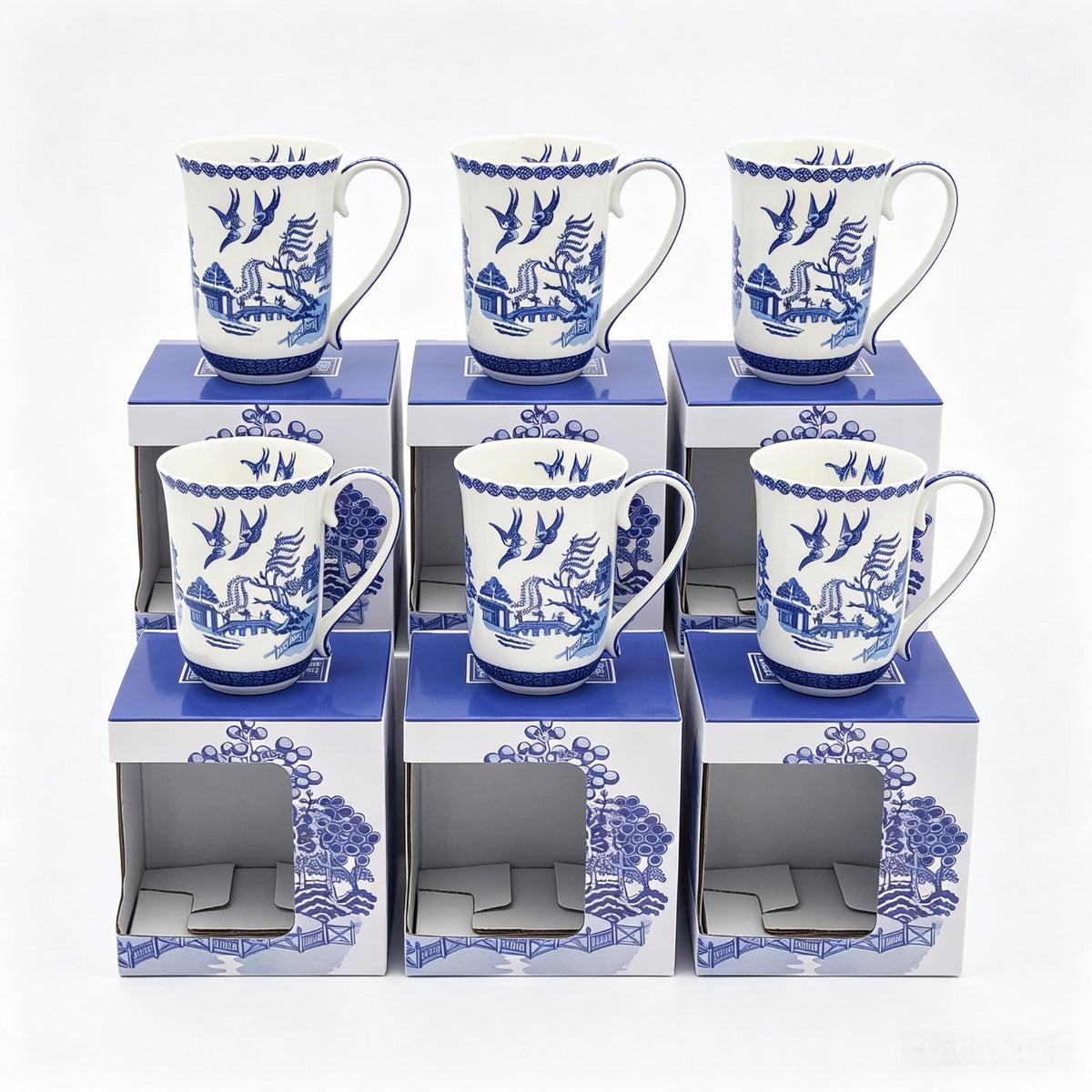 1-6x Classic Blue & White Willow Pattern Mug 405cc Porcelain Tea Coffee Cup Gift Set