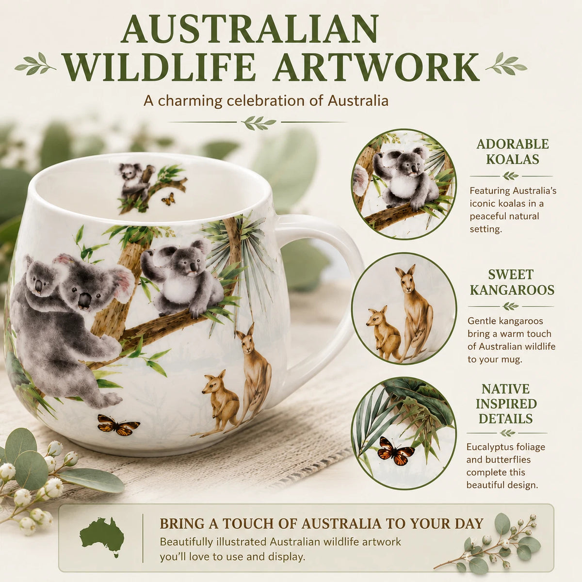 1-6x Australian Wildlife Koala Mug 400cc Fine Porcelain Coffee Tea Cup Gift Box