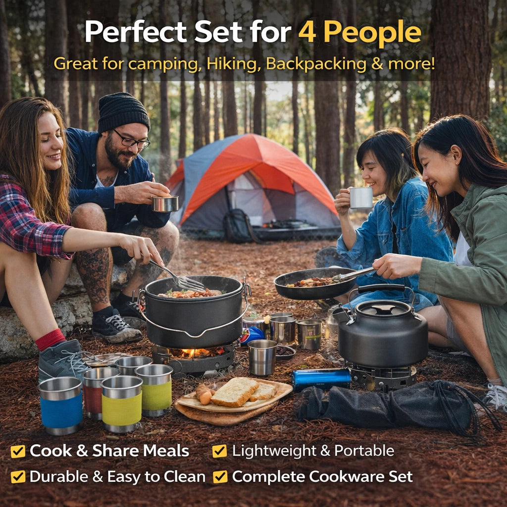 Camping Cookware Set 4 Person Outdoor Cooking Pot Pan Kettle Picnic Hiking Kit